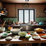 **

A cluttered Thai kitchen before organization. Utensils and ingredients are scattered everywhere, making it difficult to cook. Focus on the disarray and the feeling of overwhelm.

**