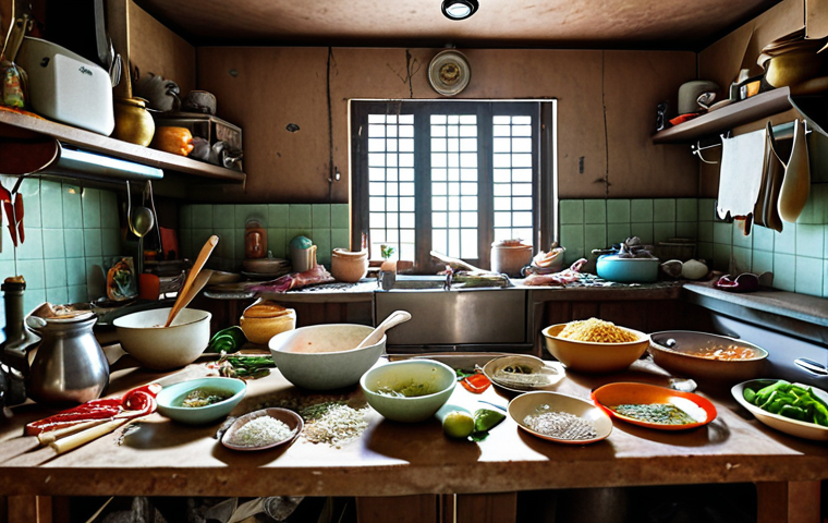 **

A cluttered Thai kitchen before organization. Utensils and ingredients are scattered everywhere, making it difficult to cook. Focus on the disarray and the feeling of overwhelm.

**