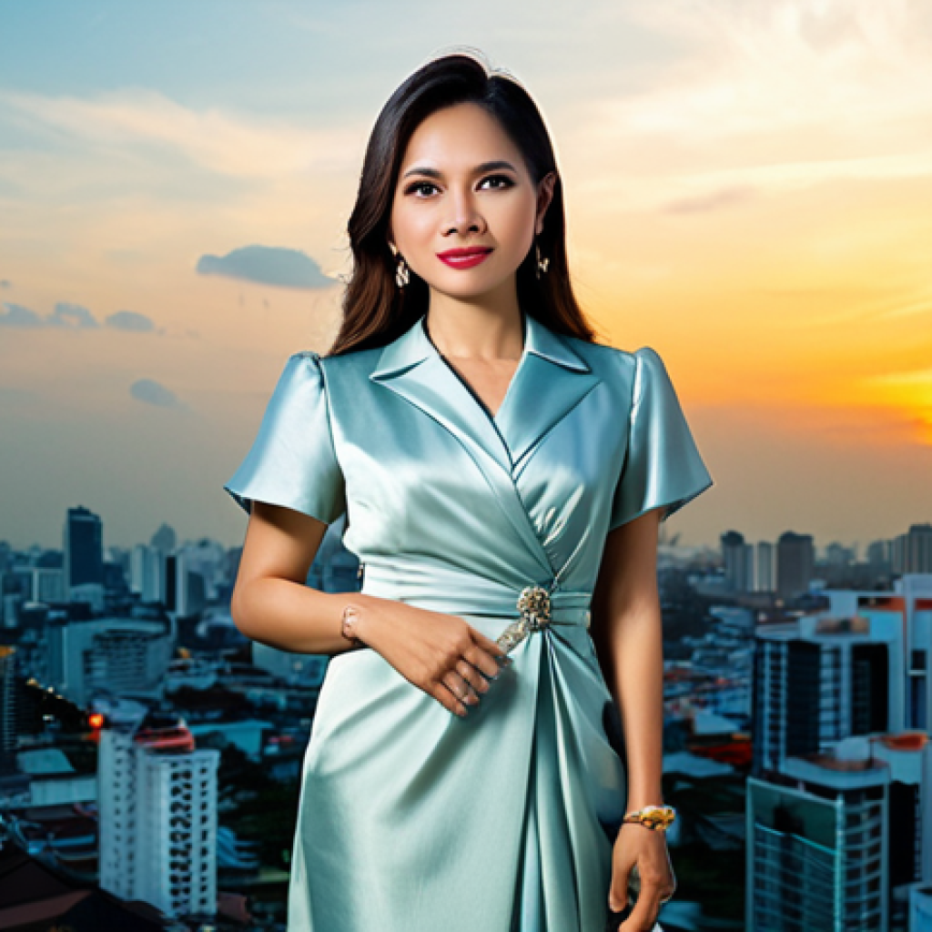 **Prompt:** A professional Thai businesswoman in a modest, elegant silk dress, standing confidently in front of the Bangkok skyline at sunset, fully clothed, appropriate attire, safe for work, perfect anatomy, natural proportions, professional photography, high quality, vibrant colors.