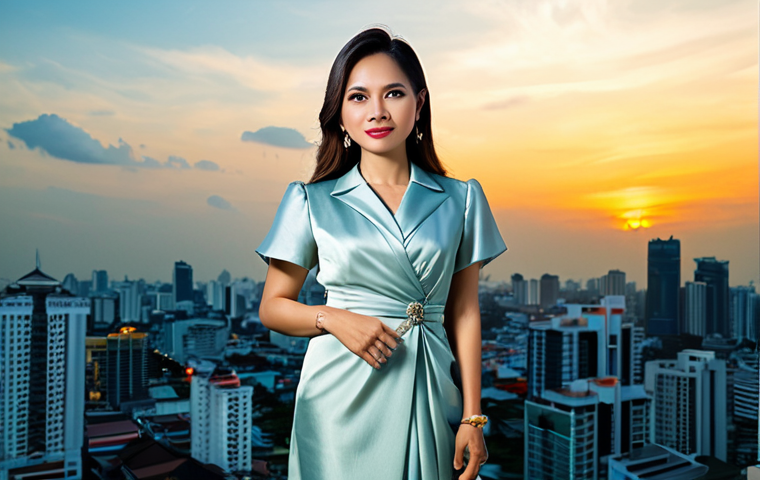 **Prompt:** A professional Thai businesswoman in a modest, elegant silk dress, standing confidently in front of the Bangkok skyline at sunset, fully clothed, appropriate attire, safe for work, perfect anatomy, natural proportions, professional photography, high quality, vibrant colors.