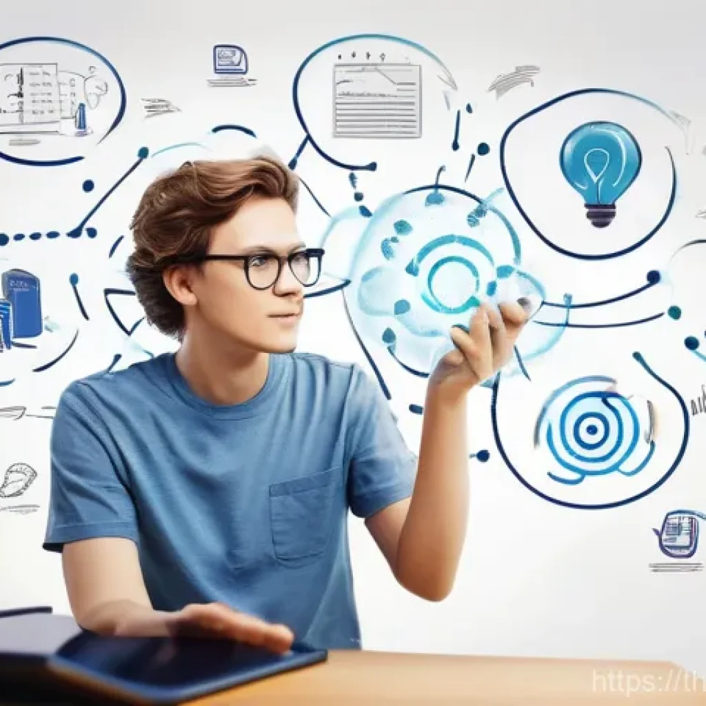 효과적인 보고서 작성을 위한 생각 구조화 - **From Information Chaos to Mind Map Clarity:**
"A young person (aged around 16-25, gender-neutr...