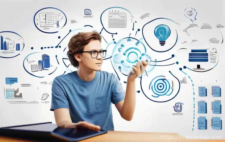 효과적인 보고서 작성을 위한 생각 구조화 - **From Information Chaos to Mind Map Clarity:**
    "A young person (aged around 16-25, gender-neutr...