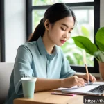 Home 22 생각 구조화의 실천적 접근 방법 - A focused young Thai professional sitting at a modern wooden desk in a cozy home office, organizing ...