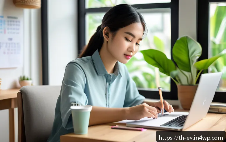 생각 구조화의 실천적 접근 방법 - A focused young Thai professional sitting at a modern wooden desk in a cozy home office, organizing ...