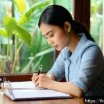 Home 21 생각 구조화가 직업 변화에 미치는 영향 - A professional Thai woman thoughtfully reflecting on her strengths and weaknesses while sitting at a...