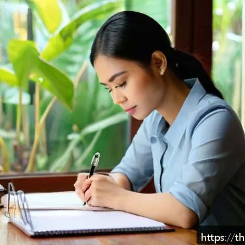 Home 33 생각 구조화가 직업 변화에 미치는 영향 - A professional Thai woman thoughtfully reflecting on her strengths and weaknesses while sitting at a...