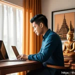 Home 20 생각 구조화의 디지털 도구 활용법 - A modern Thai home office setup with a young professional using a laptop displaying Notion’s flexibl...