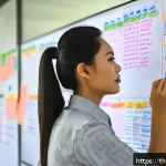 Home 19 논리적 사고와 생각 구조화의 상관관계 - A professional Thai office worker thoughtfully organizing ideas on a large whiteboard filled with co...