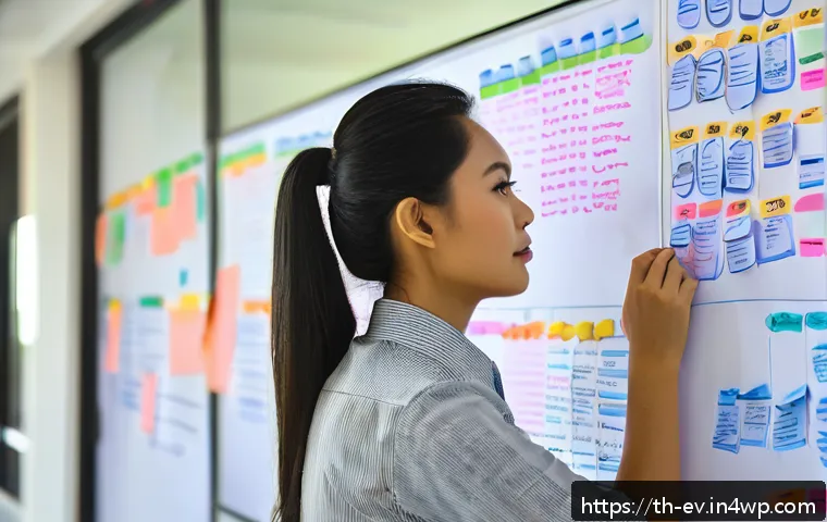 논리적 사고와 생각 구조화의 상관관계 - A professional Thai office worker thoughtfully organizing ideas on a large whiteboard filled with co...