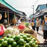 Home 23 생각 구조화의 사회적 책임 - A vibrant Thai community market scene focused on sustainability: local vendors selling eco-friendly ...