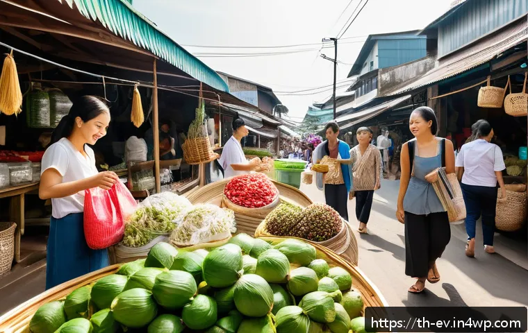 생각 구조화의 사회적 책임 - A vibrant Thai community market scene focused on sustainability: local vendors selling eco-friendly ...